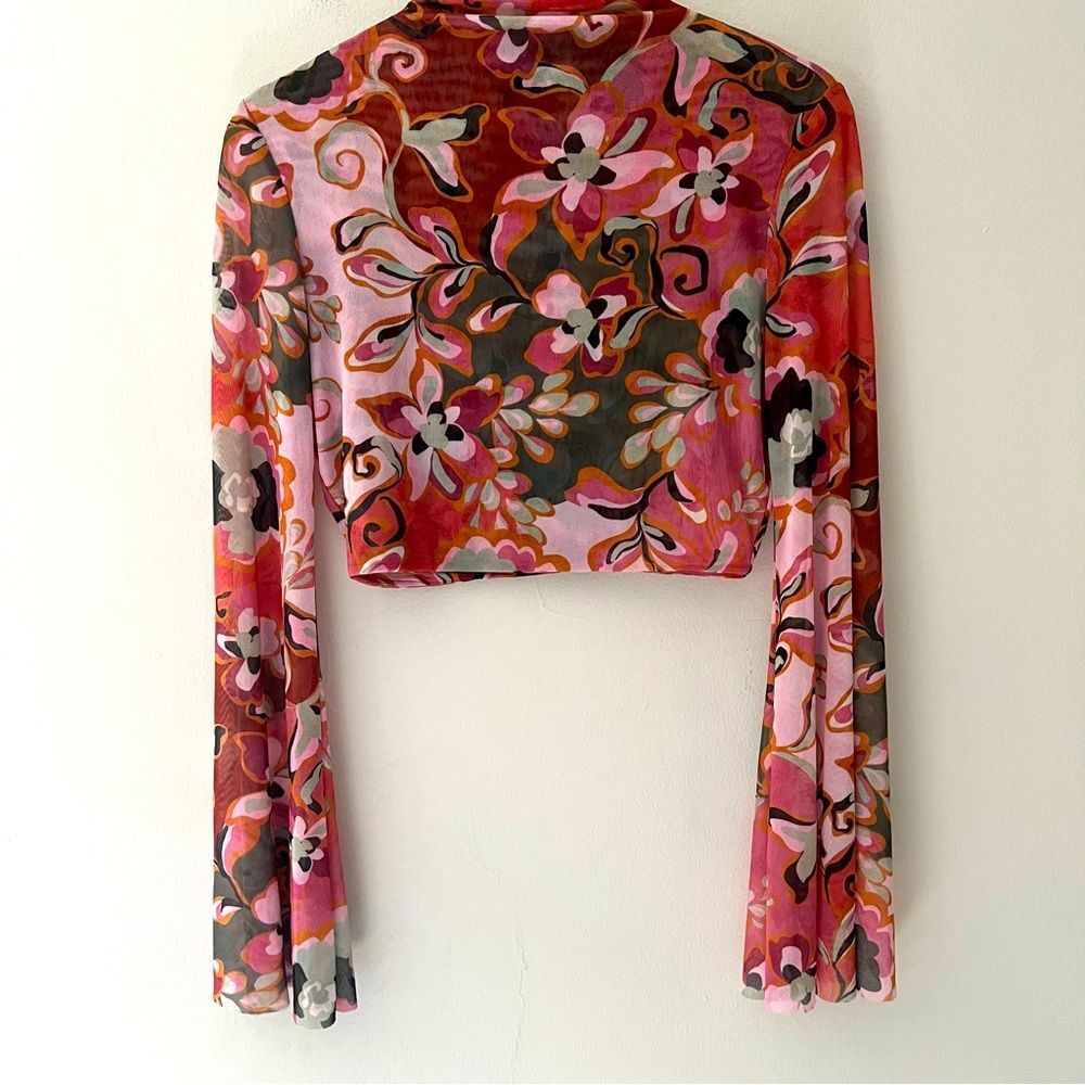 MISA NWT Mesh Top Cropped Mock Neck Blouse Floral Bell Sleeve Size XS Festival